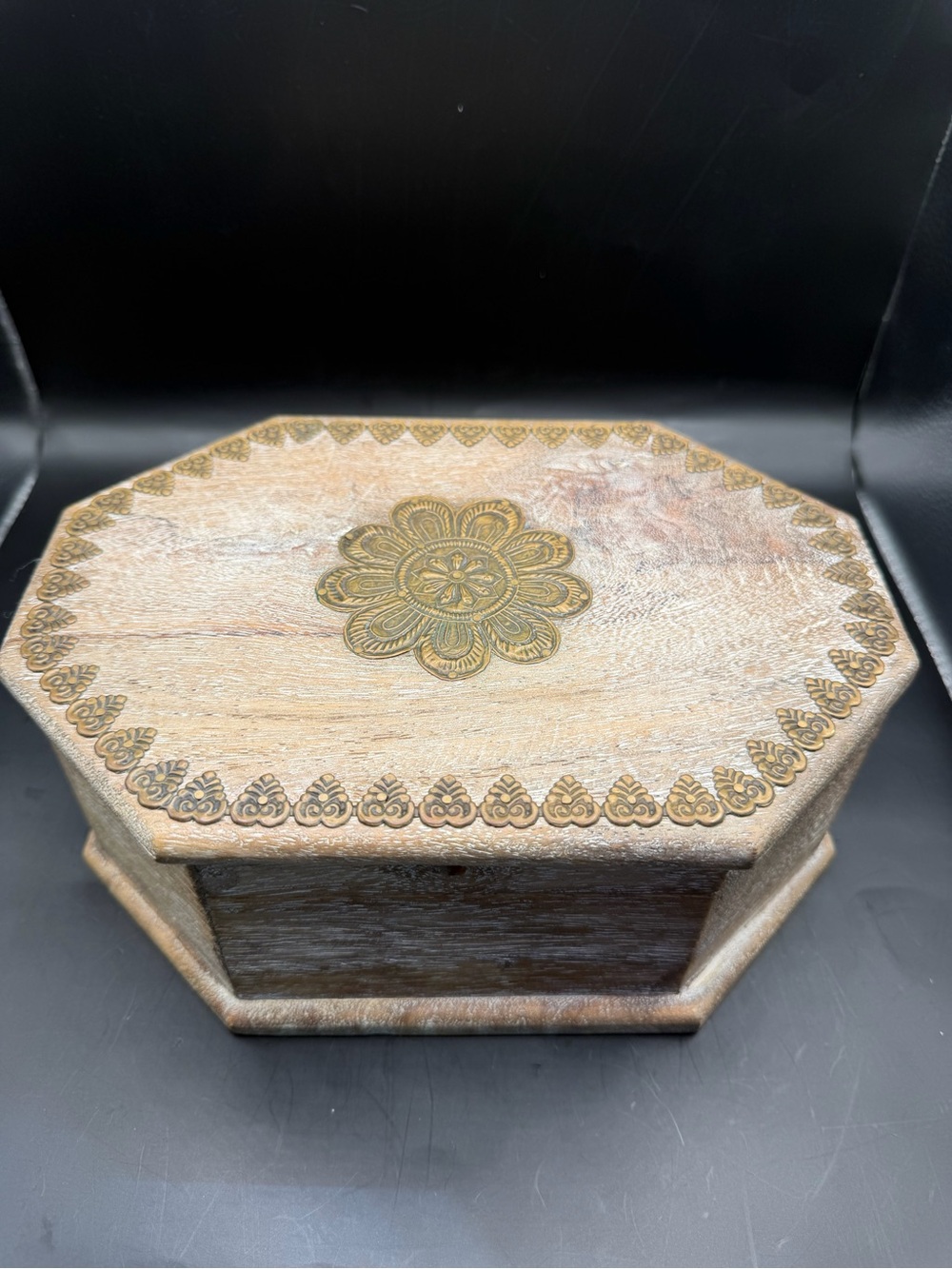 Vintage Hand Carved Wooden Octagon Keepsake Jewelry Box Rustic Decor